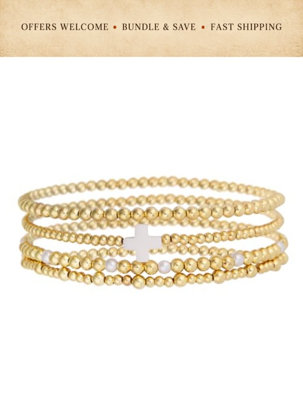 Gold Plated Beaded Stack Bracelets Set of 4 Stretch Layering Women's Jewelry